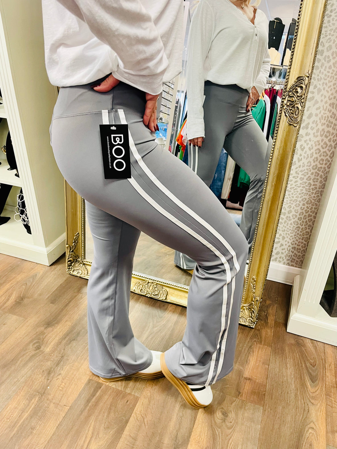 LADIES WOMENS GREY STRIPE SPORTS LUXE FLARED LEGGINGS