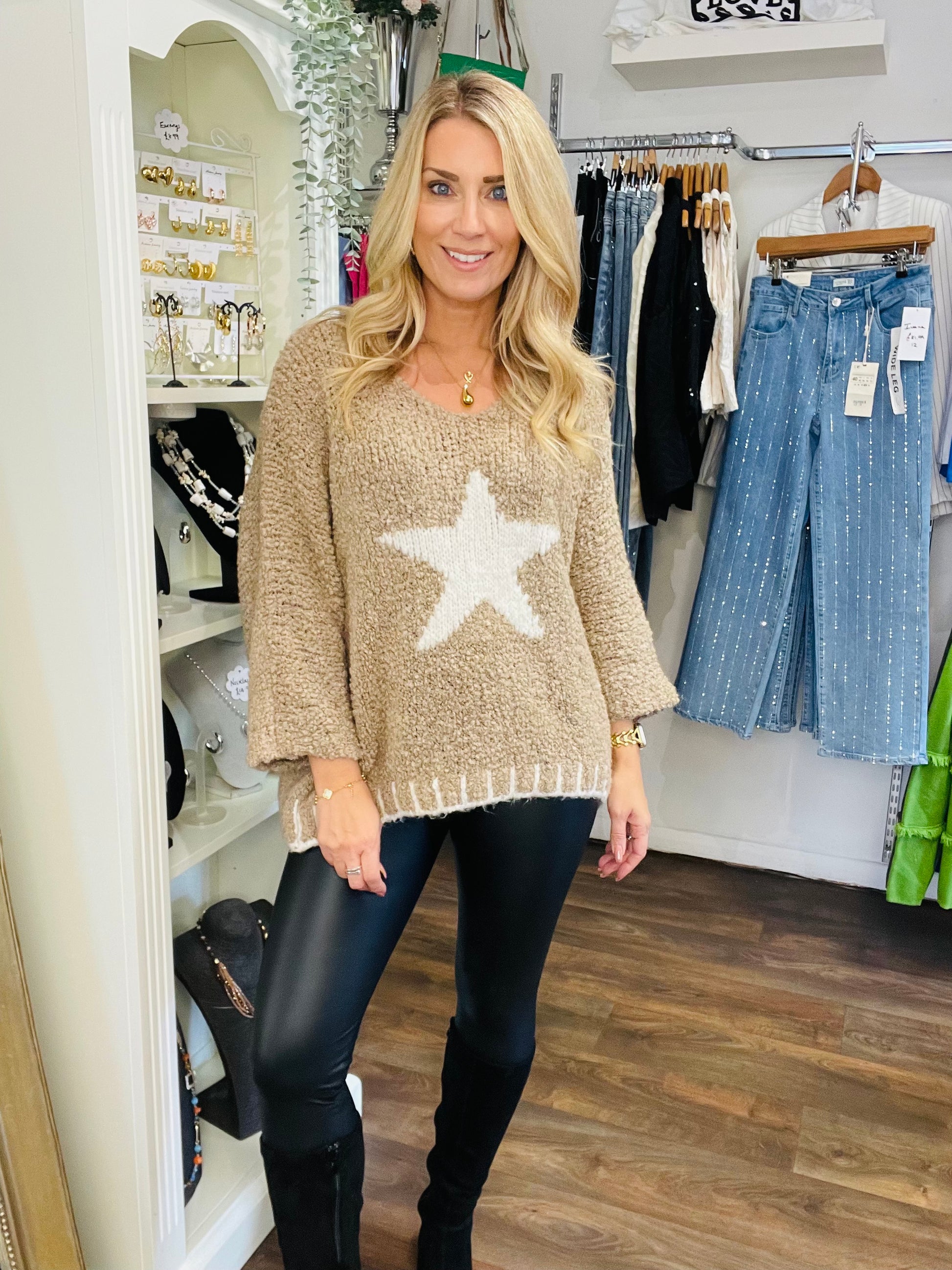 LADIES WOMENS POPCORN KNIT BEIGE STAR JUMPER SWEATER