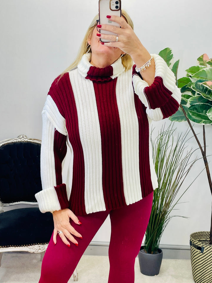 LADIES WOMENS BURGUNDY RED STRIPE CHUNKY KNIT ROLL NECK JUMPER SWEATER