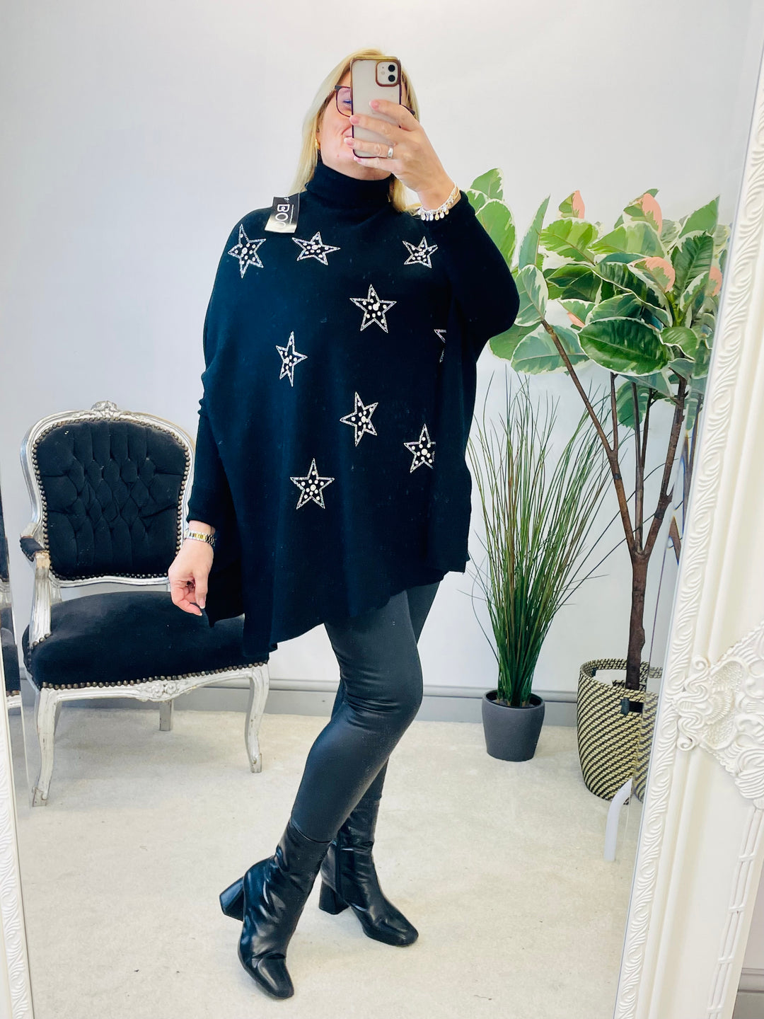 LADIES WOMENS BLACK OVERSIZE PEARL & DIAMANTE STAR KNITTED JUMPER SWEATER