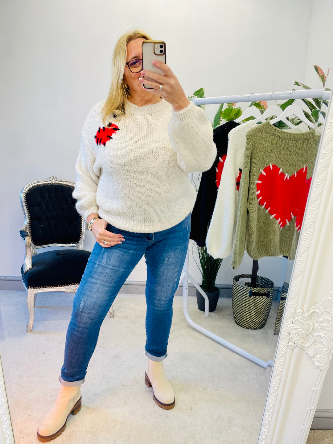 LADIES WOMENS CREAM CHUNKY THICK KNIT HEART JUMPER SWEATER