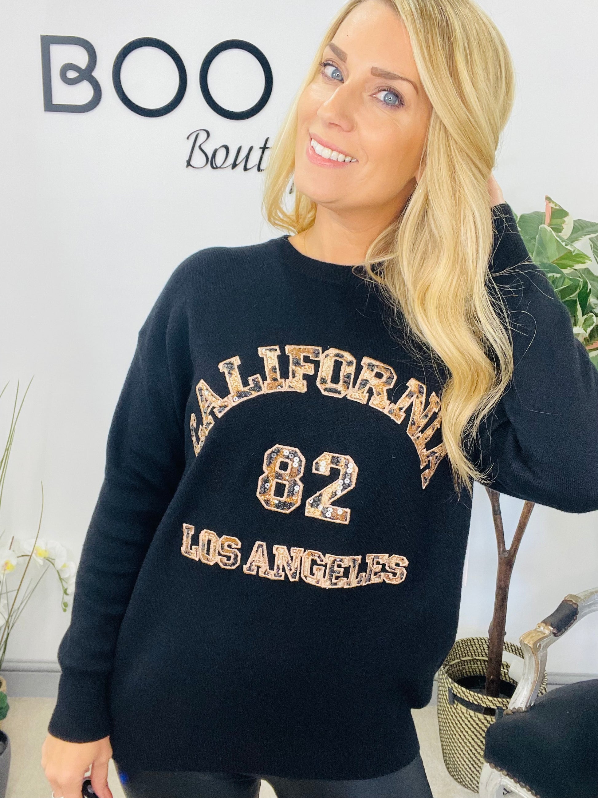 LADIES WOMENS BLACK THICK KNIT FASHION CALIFORNIA LOGO JUMPER