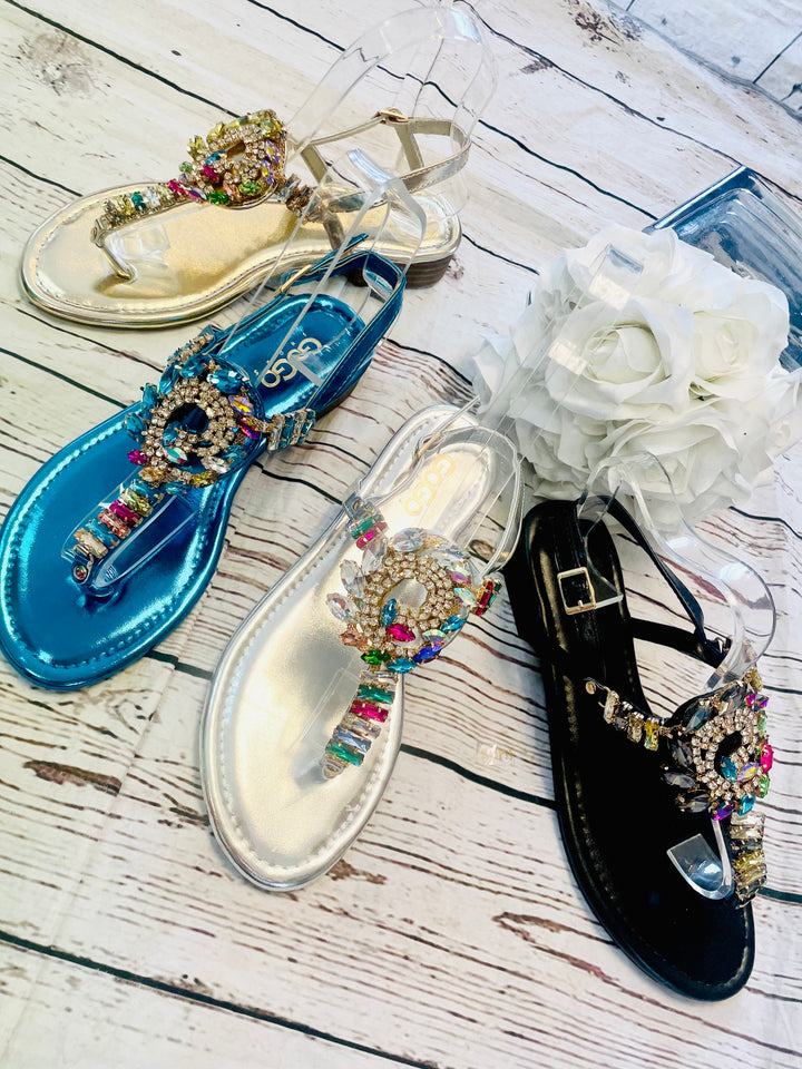 BEAUTIFUL JEWELLED SUMMER SANDALS ( G30 ) - gold and silver size 3 only