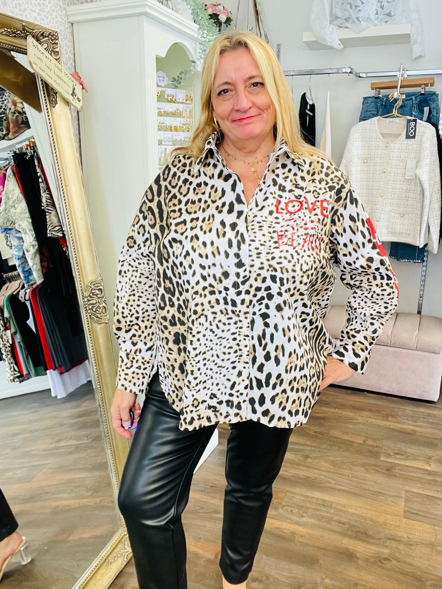 LADIES WOMENS LEOPARD PRINT OVERSIZE SHIRT
