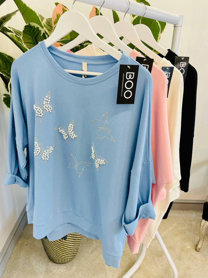 LADIES WOMENS PEARL & DIAMANTE BUTTERLY SWEATSHIRT TOP - BLACK, WHITE, PINK & BLUE