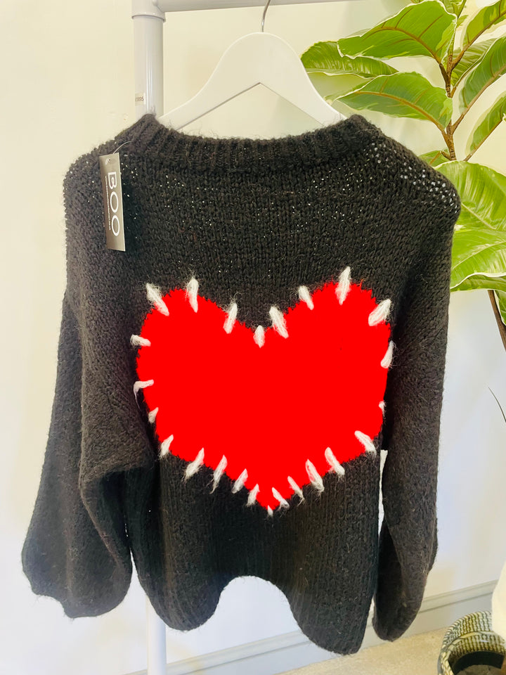 LADIES WOMENS BLACK CHUNKY THICK KNIT HEART JUMPER SWEATER