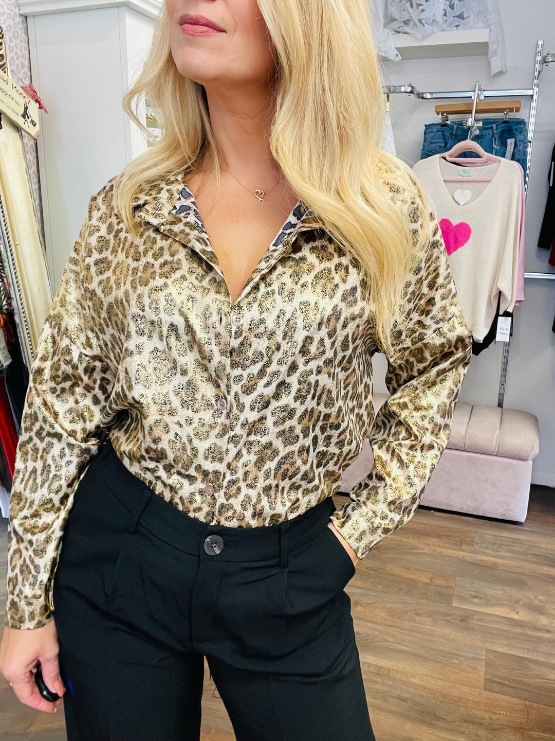 LADIES WOMENS LEOPARD PRINT SATIN SHIRT