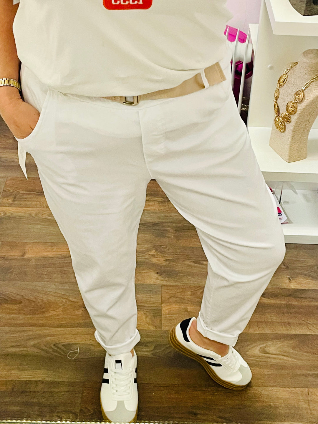 LADIES WOMENS WHITE STRETCH SPRING SUMMER MAGIC TROUSERS