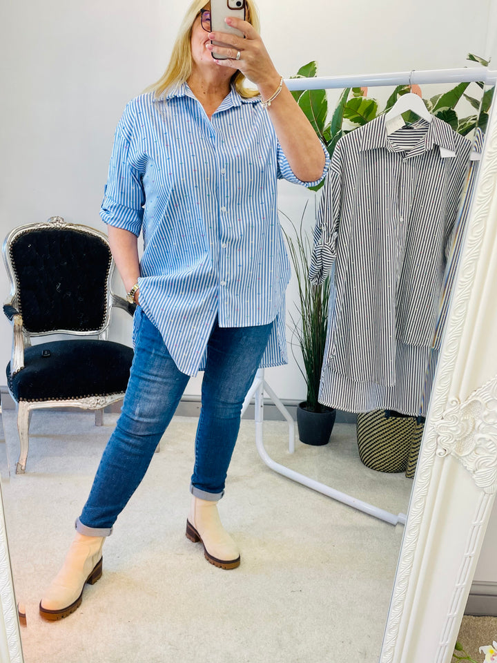 LADIES WOMENS BLUE PINSTRIPE OVERSIZE SHIRT BLOUSE