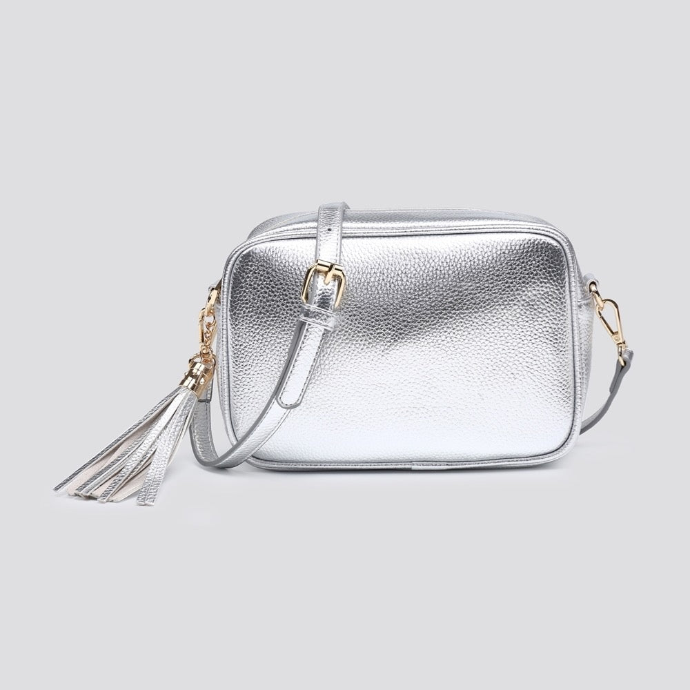 LADIES WOMENS METALLIC SILVER CROSS BODY CAMERA SHOULDER BAG