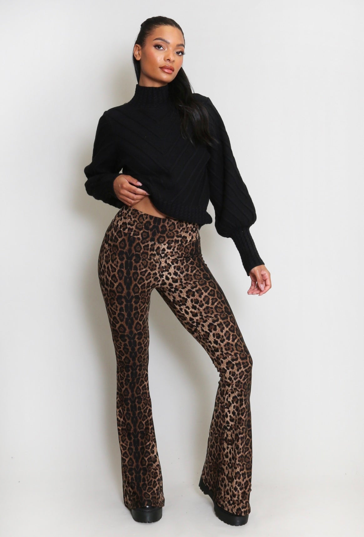 LADIES WOMENS LYCRA LEOPARD PRINT FLARED LEGGINGS