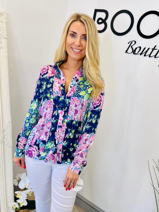 The CARLIE navy and pink floral print blouse