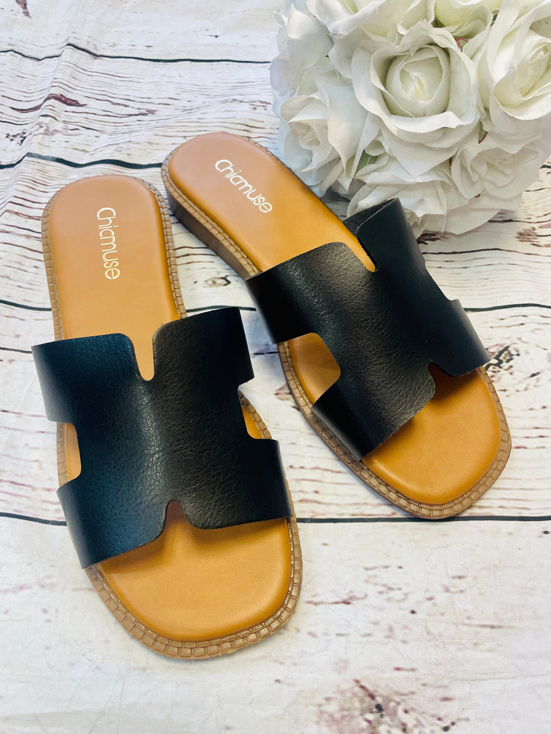 LADIES WOMENS BLACK FLAT H INSPIRED SLIDER SANDALS