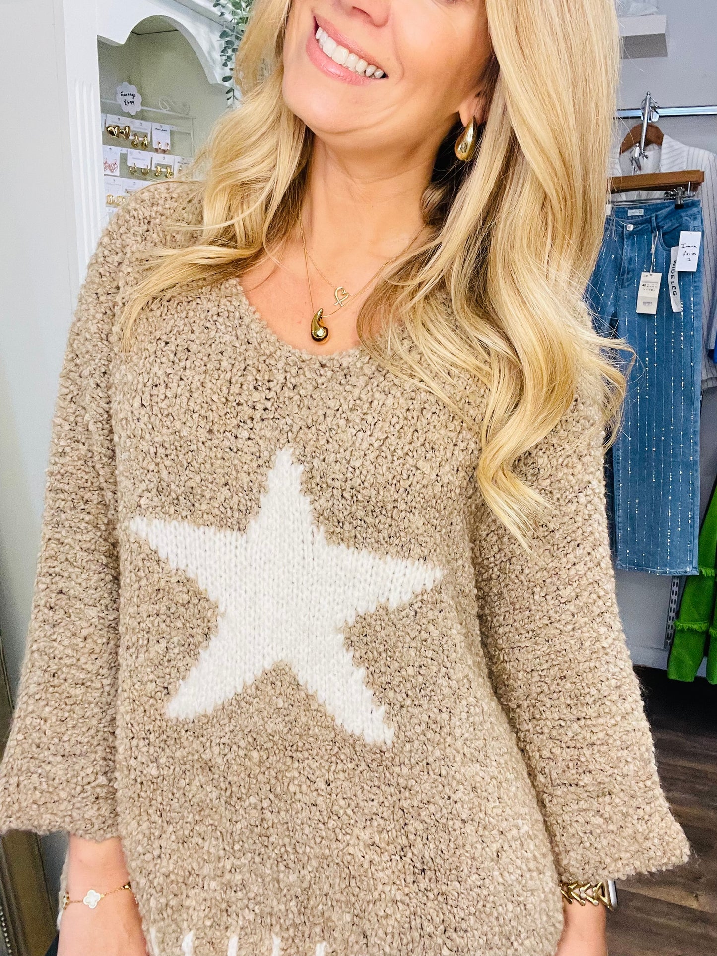 LADIES WOMENS POPCORN KNIT BEIGE STAR JUMPER SWEATER