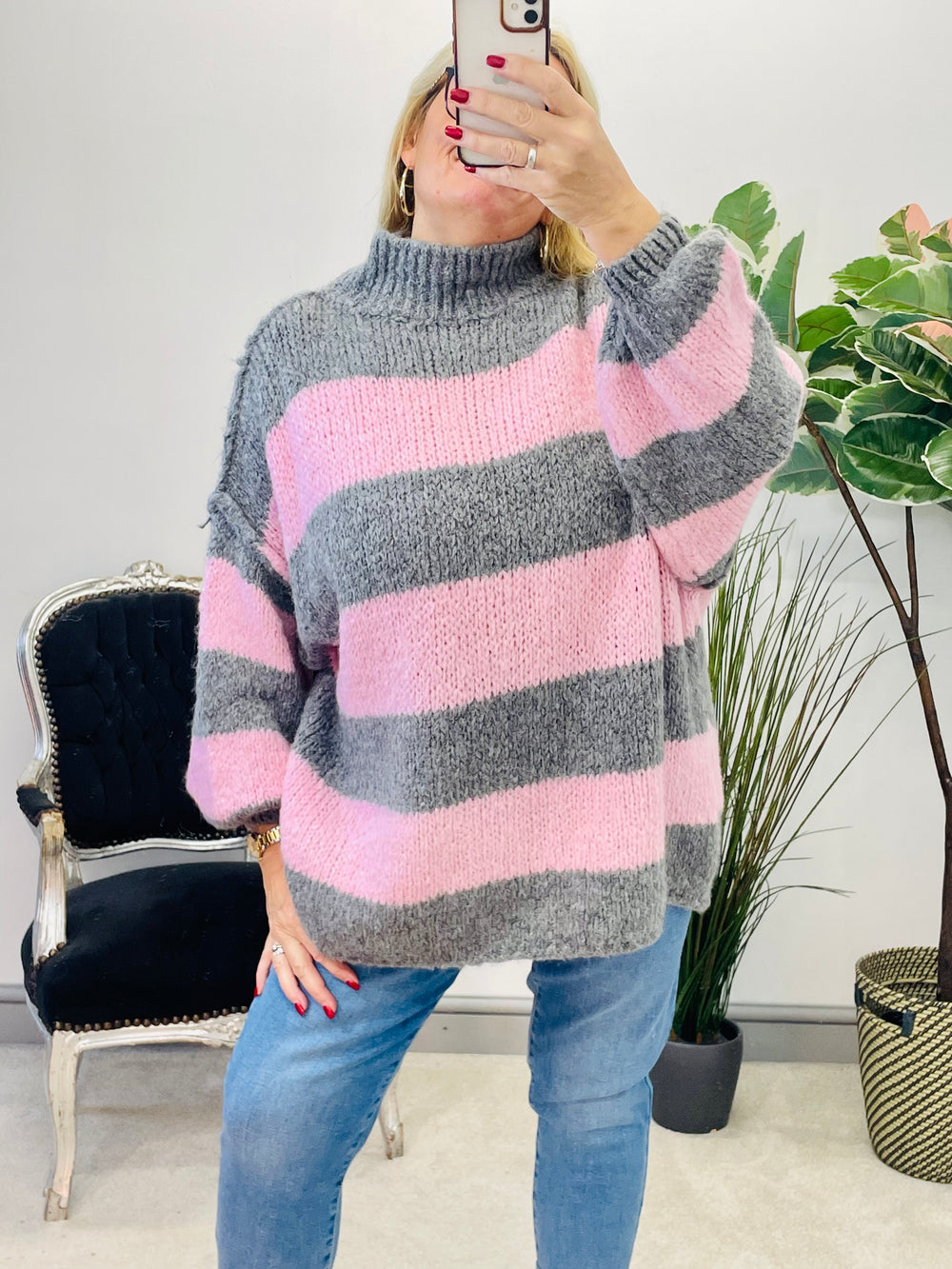 LADIES WOMENS PINK AND GRE7 STRIPE CHUNKY KNIT JUMPER SWEATER