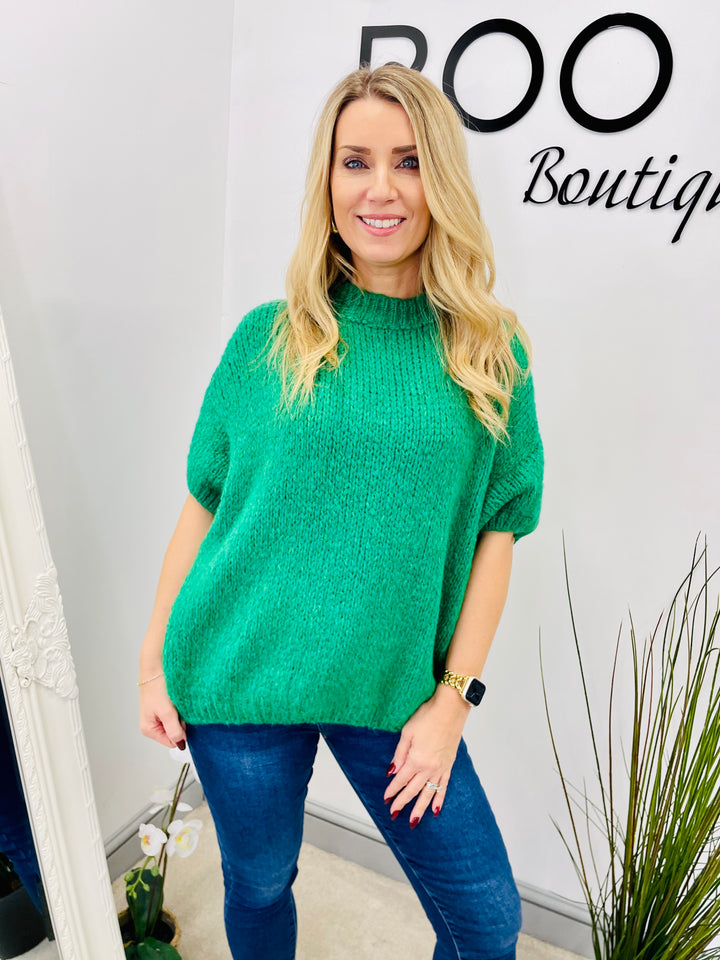 LADIES WOMENS FASHION BRIGHT GREEN CHUNKY KNIT SHORT SLEEVE JUMPER