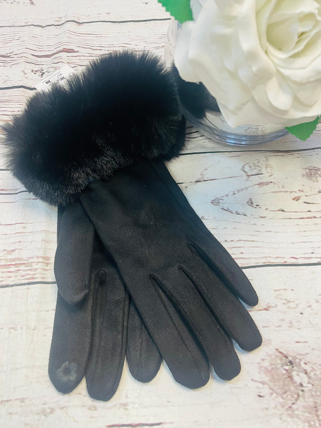 LADIES WOMENS BLACK FAUX SUEDE AND FAUX FUR TRIM GLOVES