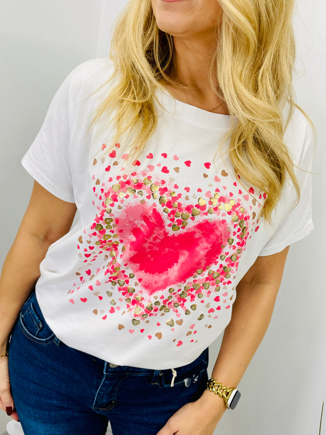 LADIES WOMENS WHITE & PINK HEART LOGO FASHION TEE T SHIRT