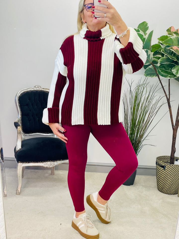 LADIES WOMENS BURGUNDY RED STRIPE CHUNKY KNIT ROLL NECK JUMPER SWEATER