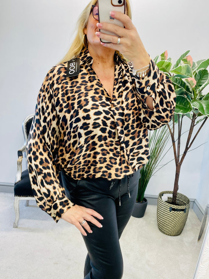 Ladies womens satin leopard print blouse shirt