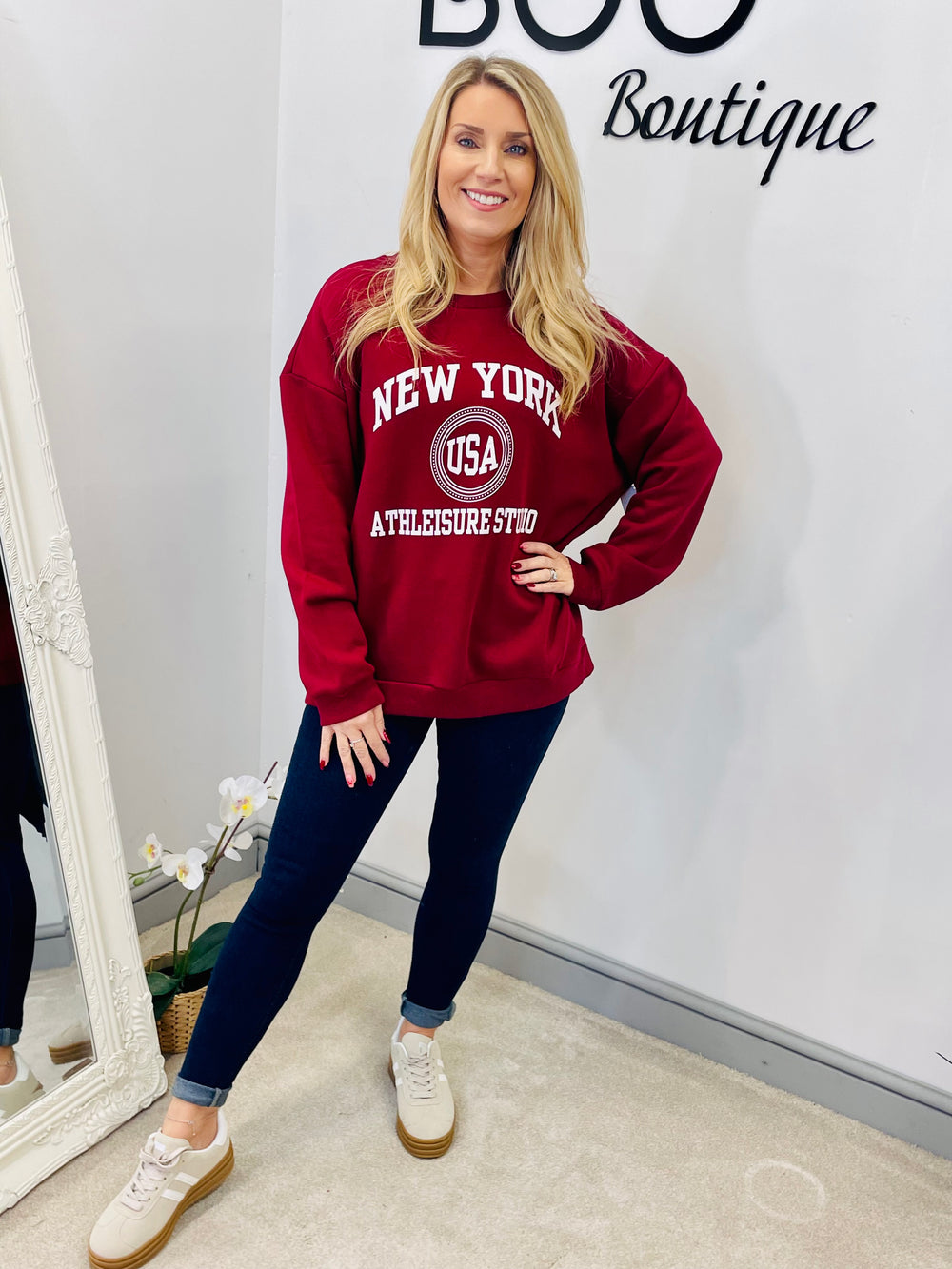 LADIES WOMENS BURGUNDY RED NEW YORK SWEATSHIRT TOP