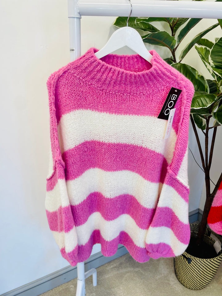 CHUNKY KNIT PINK AND WHITE STRIPE OVERSIZE JUMPER