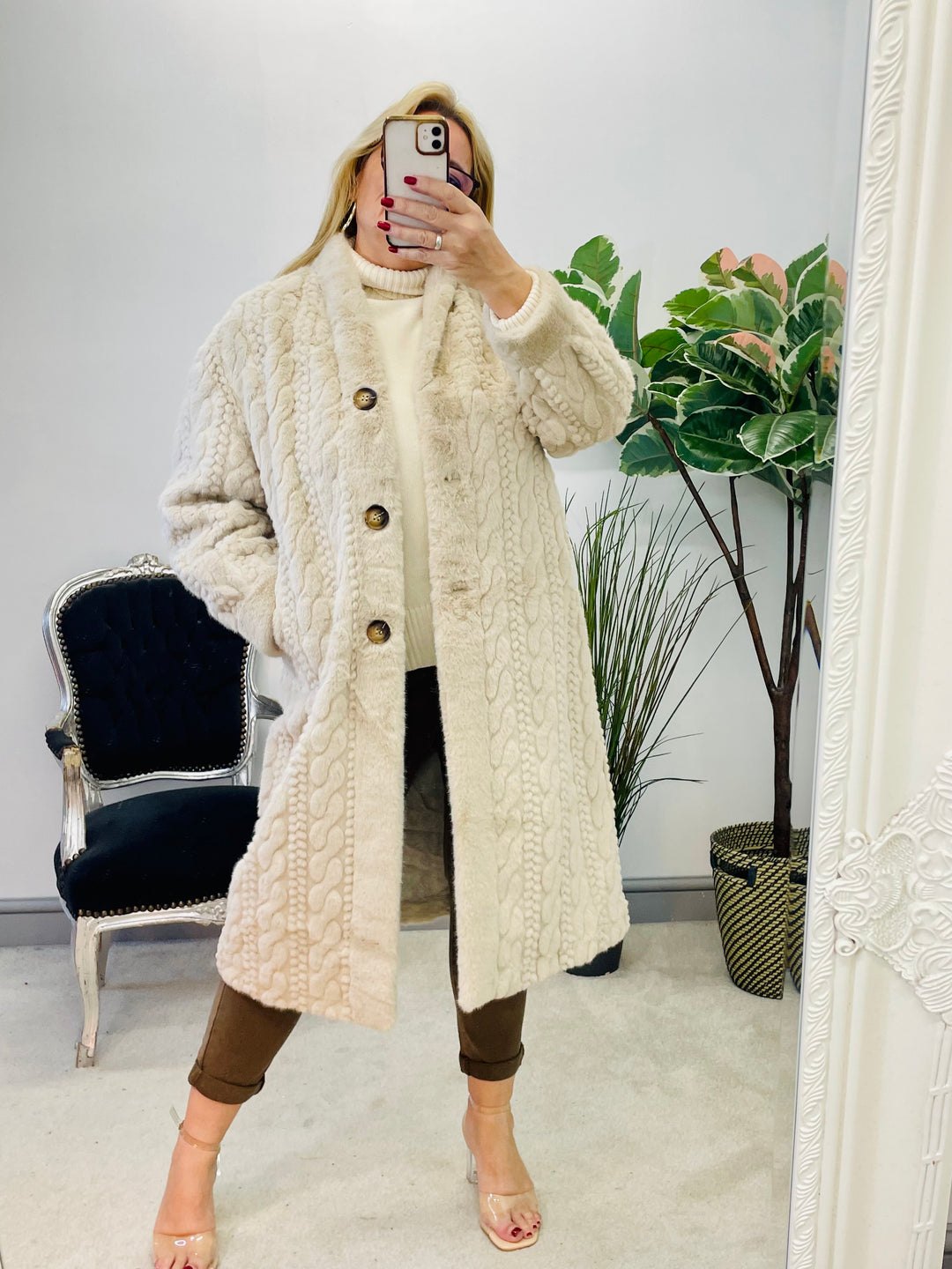 LADIES WOMENS LUXURY FAUX FUR BEIGE COAT COATIGAN JACKET