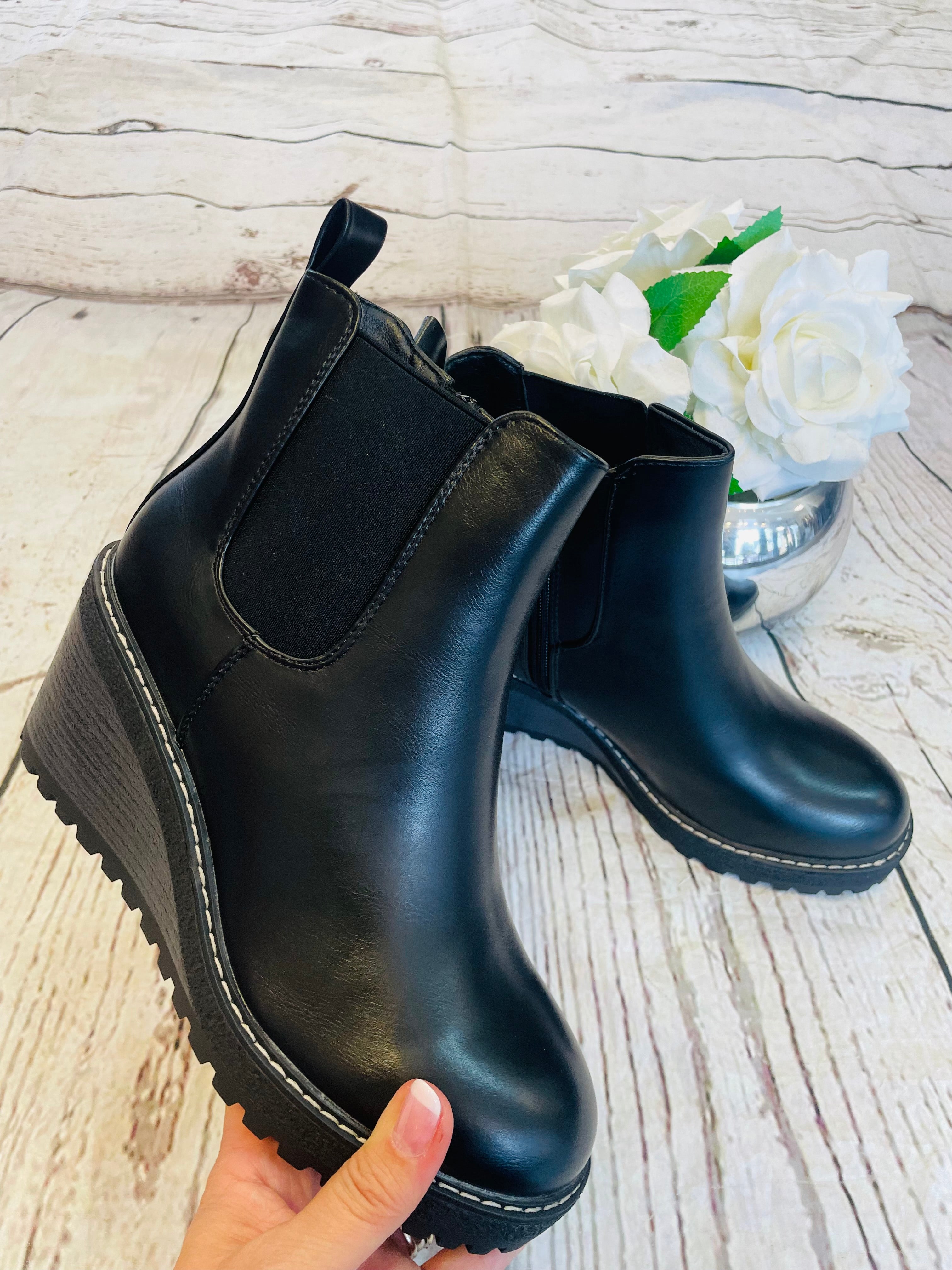 BLACK WEDGE HEEL ANKLE BOOTS CY98