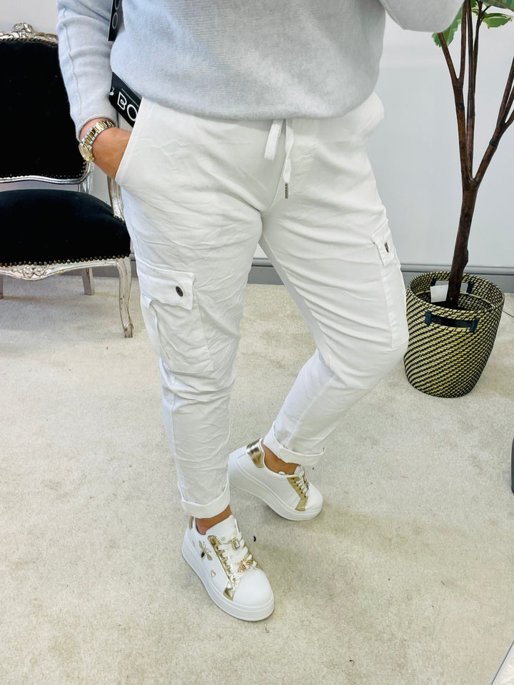 LADIES WOMENS WHITE SUPER STRETCH CARGO MAGIC TROUSERS