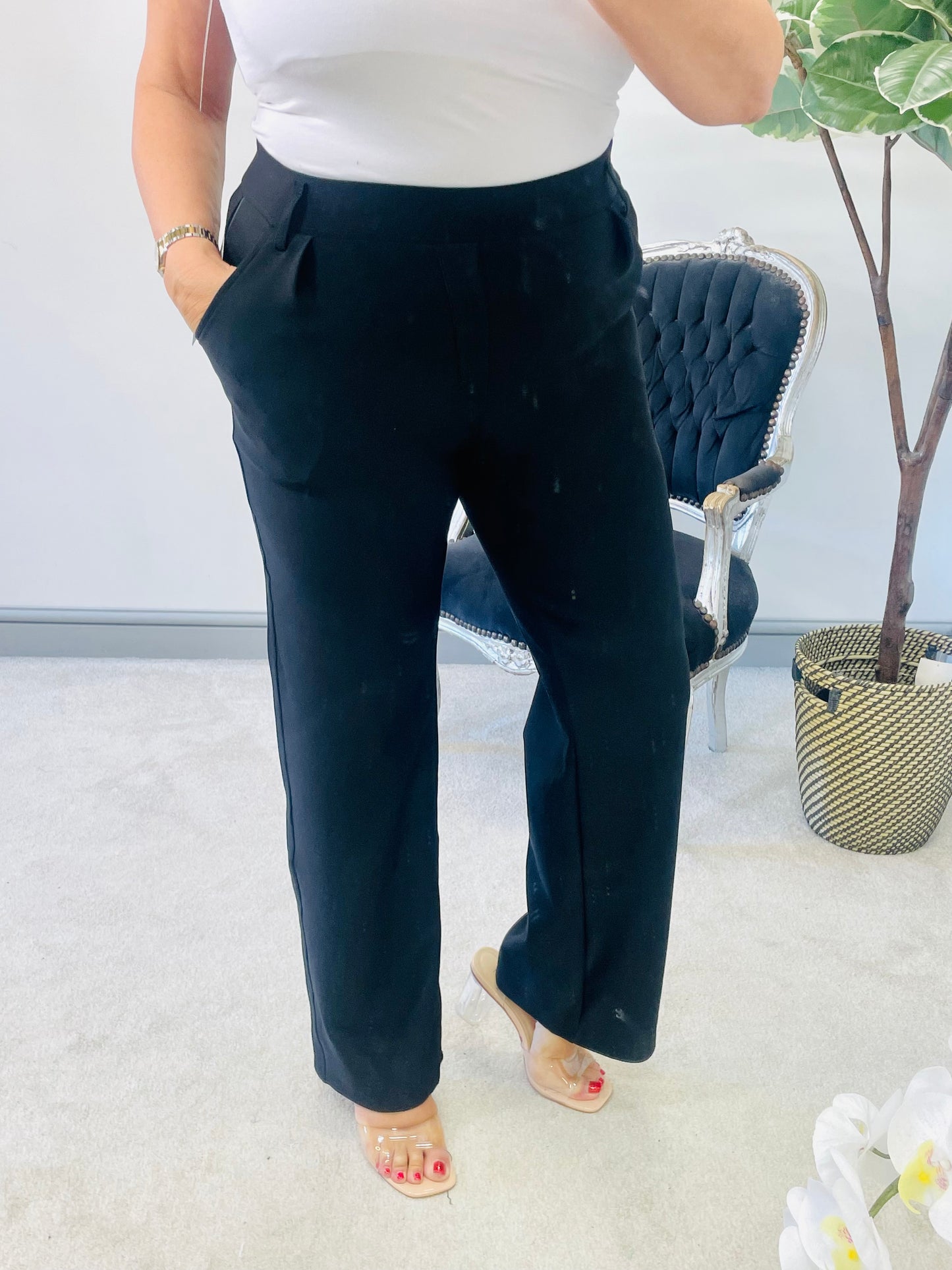 The HELEN black stretch wide leg trousers