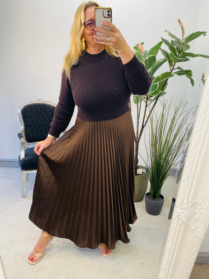 LADIES WOMENS CHOCOLATE BROWN SATIN PLEATED SKIRT JUMPER TOP DRESS