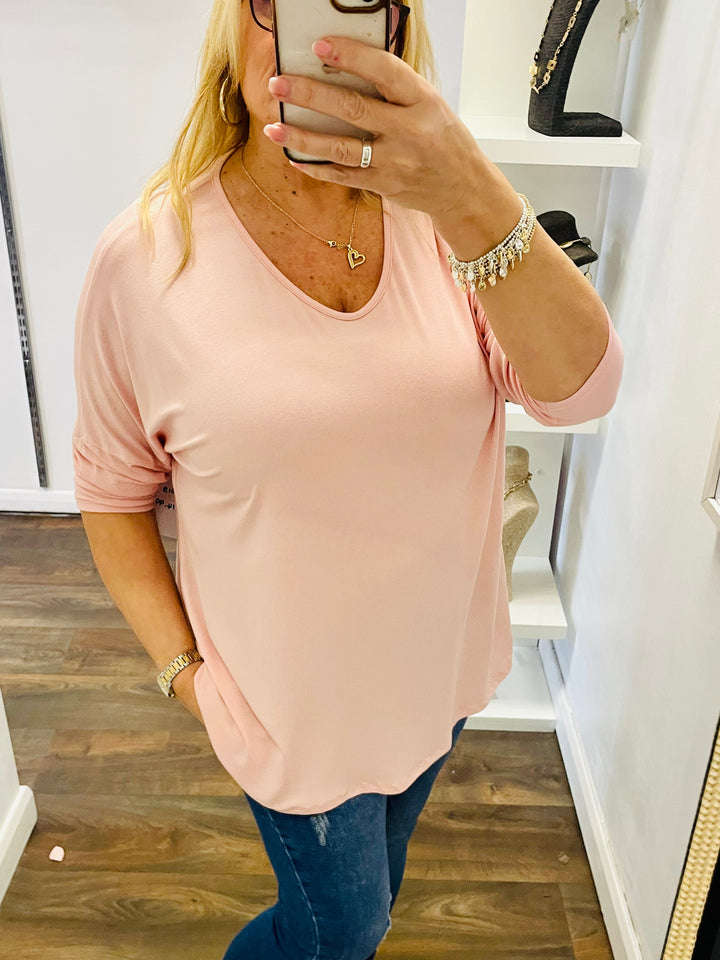 LADIES WOMENS PINK LONG SLEEVE V NECK JERSEY LOOSE FIT TOP