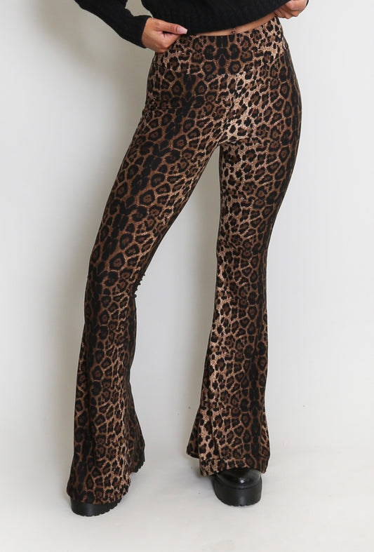 LADIES WOMENS LYCRA LEOPARD PRINT FLARED LEGGINGS