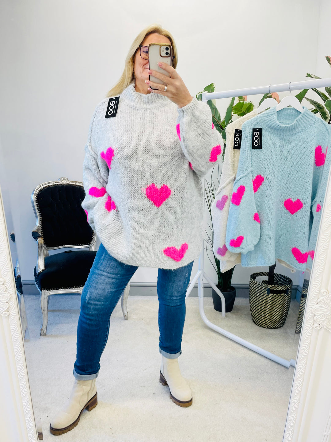 LADIES WOMENS BEIGE PINK THICK CHUNKY OVERSIZE KNIT HEART JUMPER