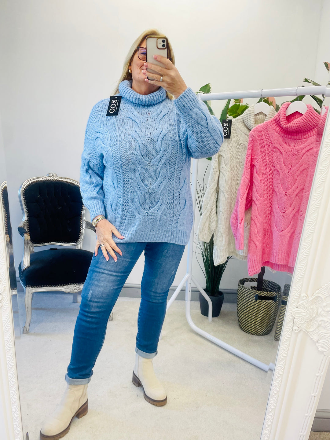 LADIES WOMENS BLUE CHUNKY CABLE KNIT JUMPER SWEATER