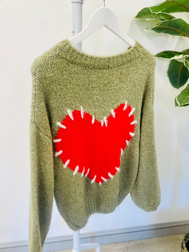 LADIES WOMENS KHAKI CHUNKY THICK KNIT HEART JUMPER SWEATER