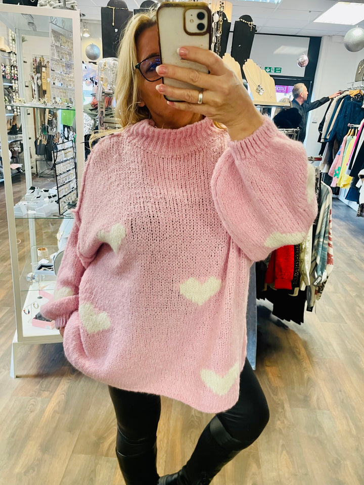 LADIES WOMENS PINK OVERSIZE CHUNKY KNIT HEART JUMPER SWEATER