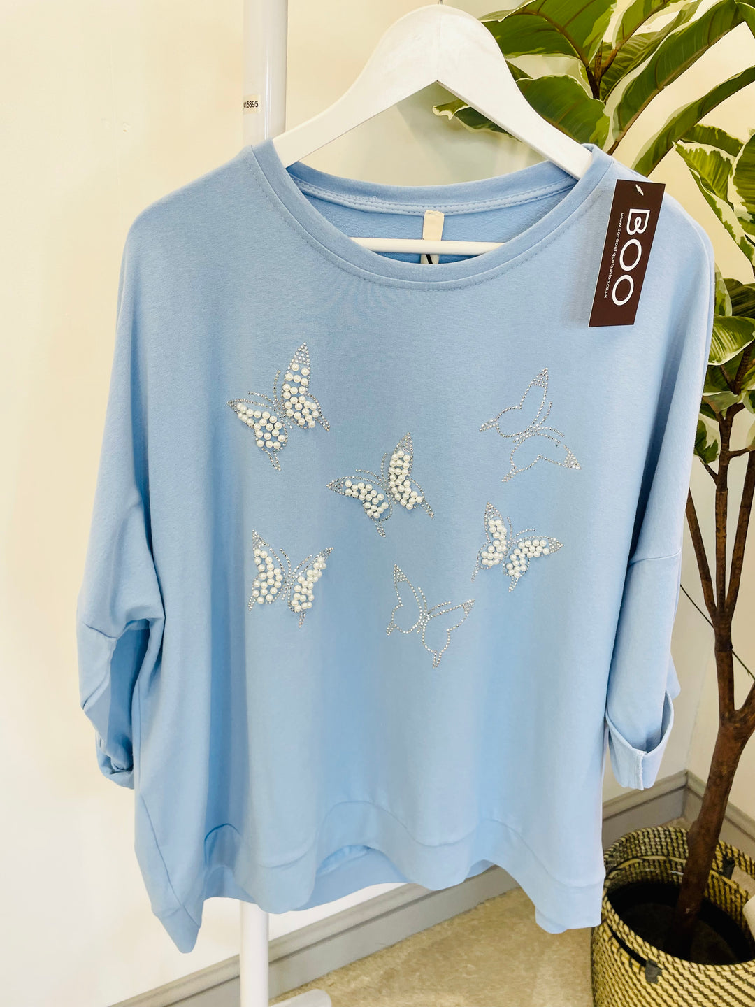 LADIES WOMENS BLUE PEARL & DIAMANTE BUTTERLY SWEATSHIRT TOP