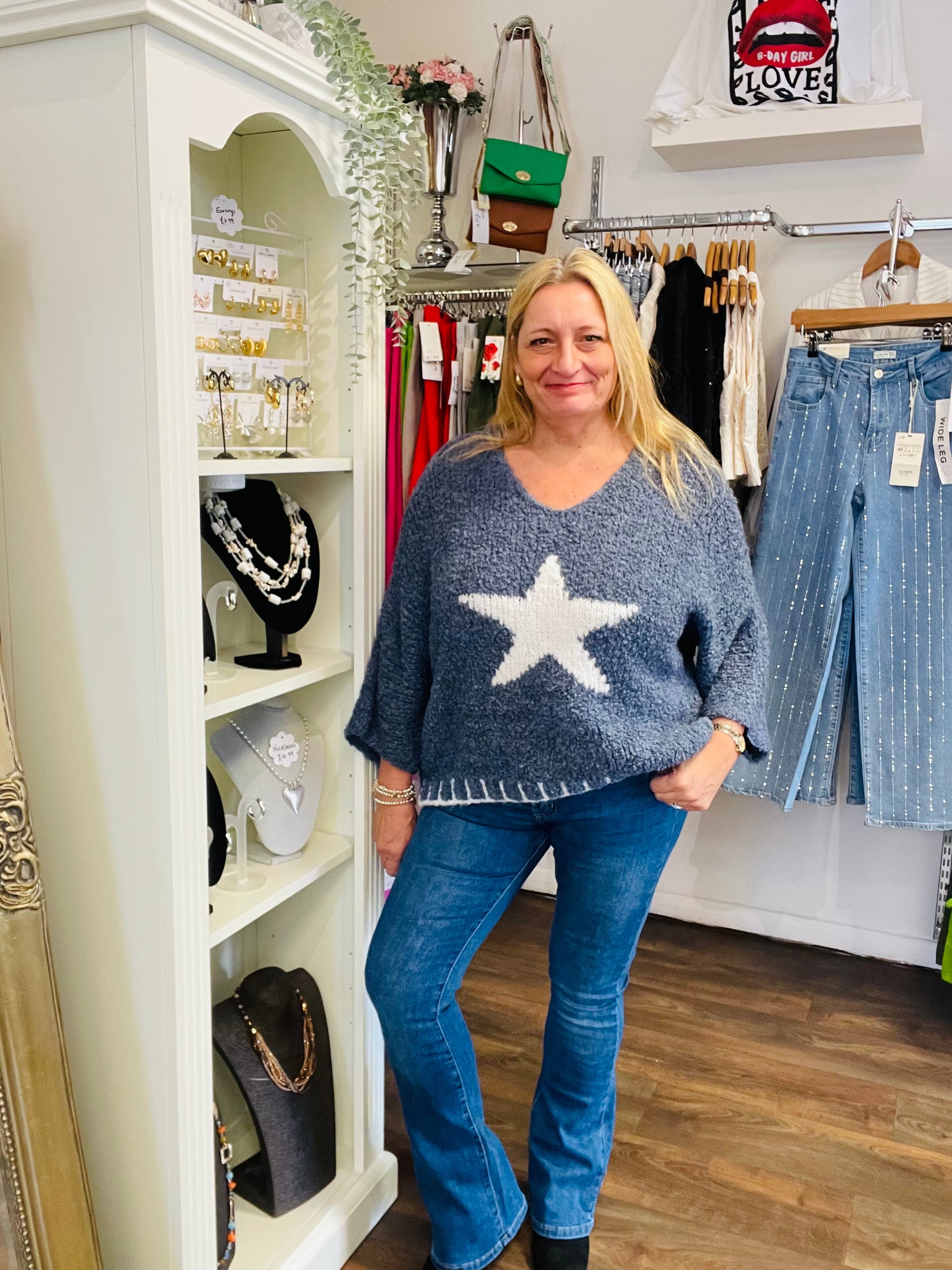 LADIES WOMENS POPCORN KNIT DENIM BLUE STAR JUMPER SWEATER