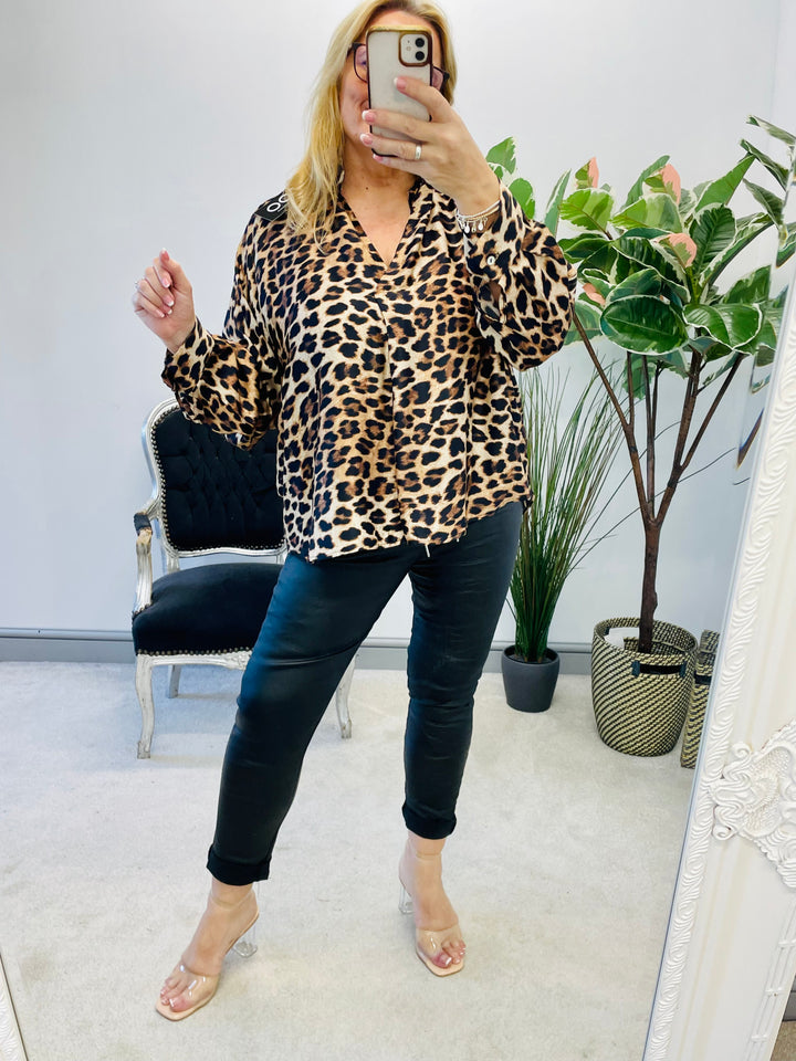 Ladies womens satin leopard print blouse shirt