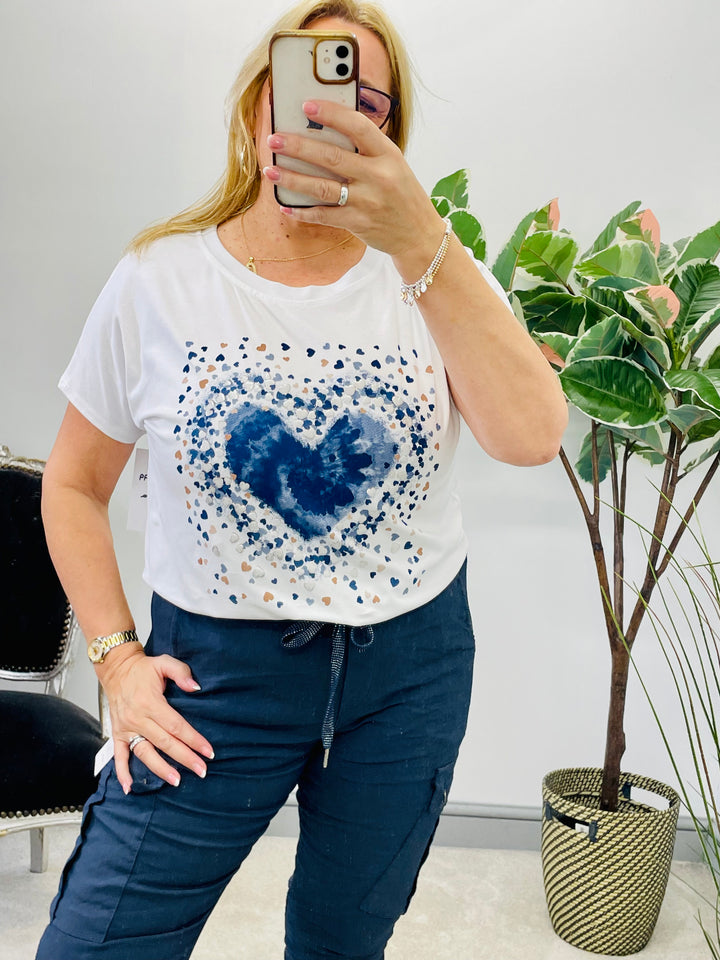 LADIES WOMENS WHITE & NAVY HEART LOGO FASHION TEE T SHIRT