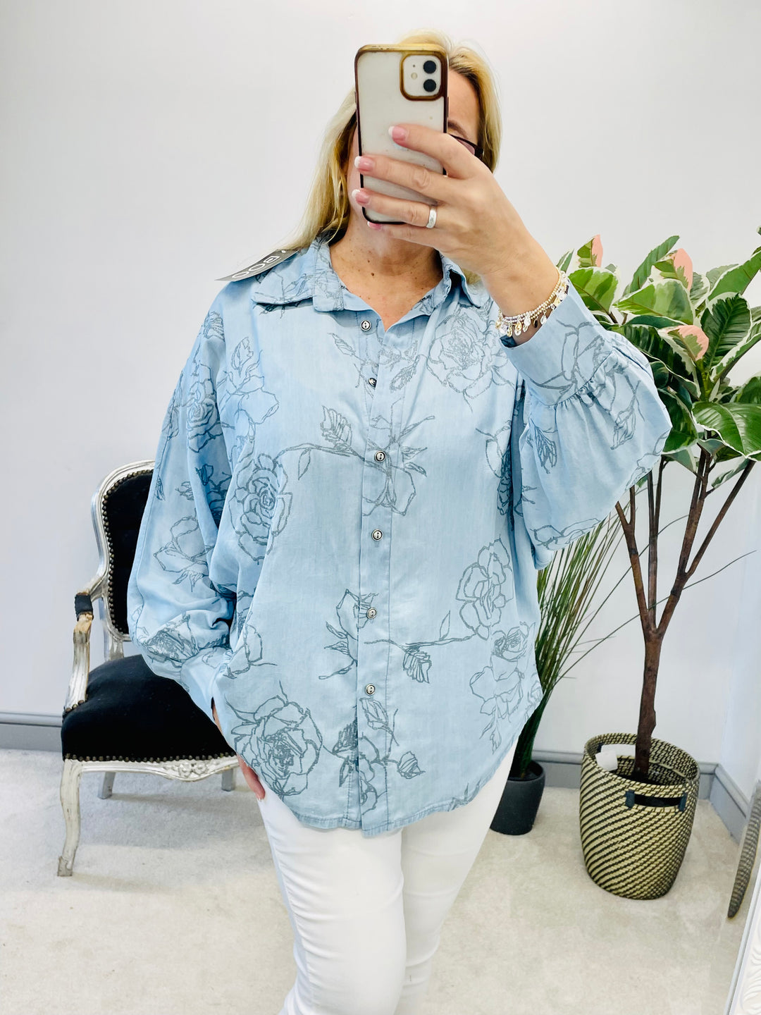 Ladies womens chambray denim sparkly blouse shirt