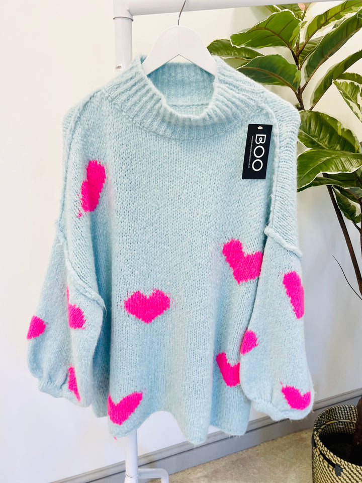 LADIES WOMENS BLUE PINK THICK CHUNKY OVERSIZE KNIT HEART JUMPER