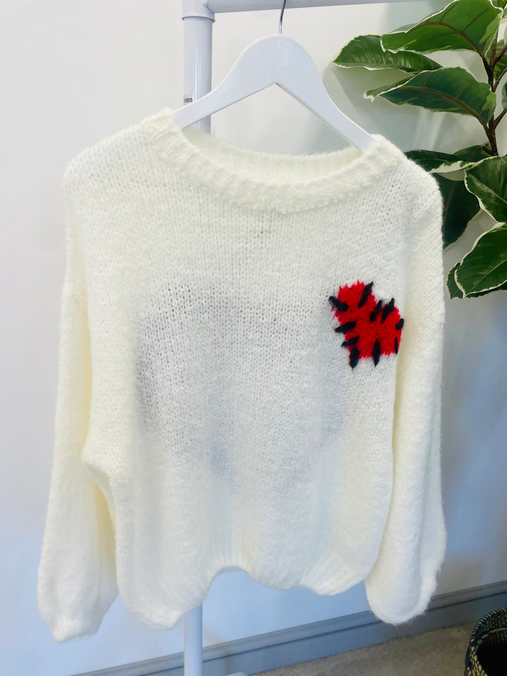 LADIES WOMENS WINTER WHITE CHUNKY THICK KNIT HEART JUMPER SWEATER