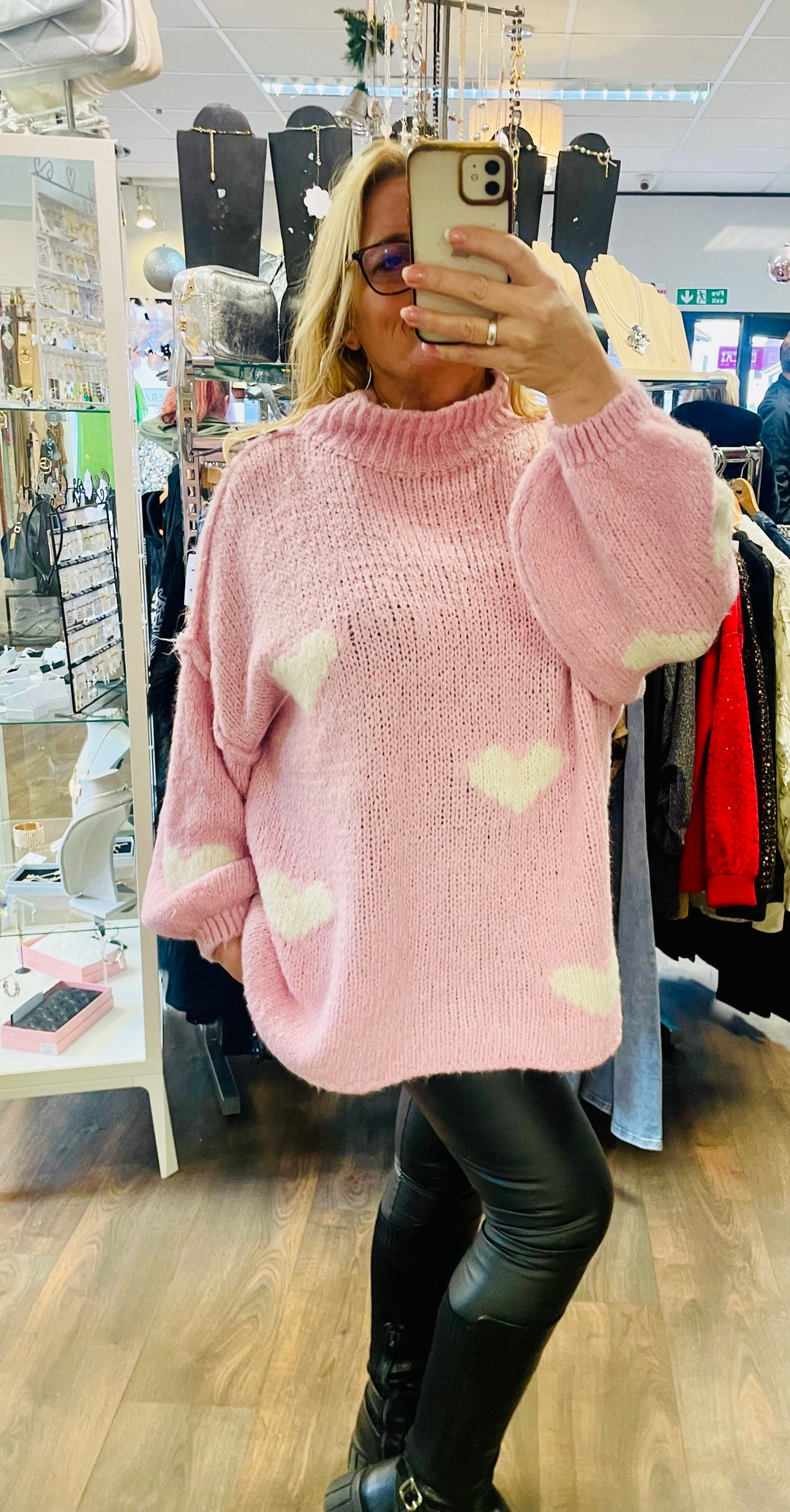 LADIES WOMENS PINK OVERSIZE CHUNKY KNIT HEART JUMPER SWEATER