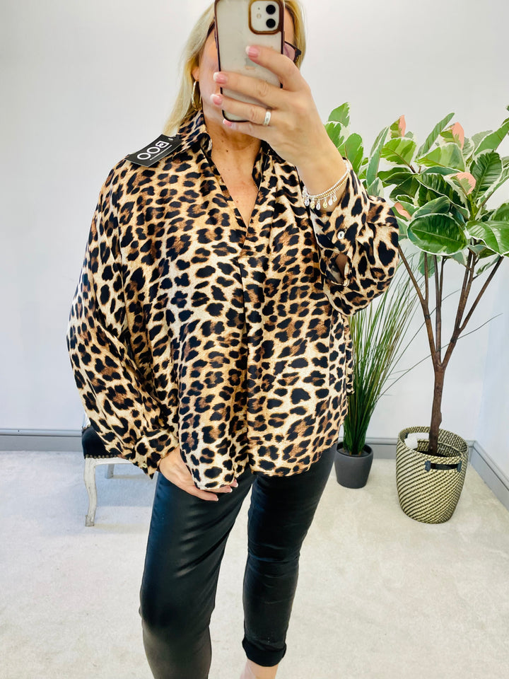 Ladies womens satin leopard print blouse shirt