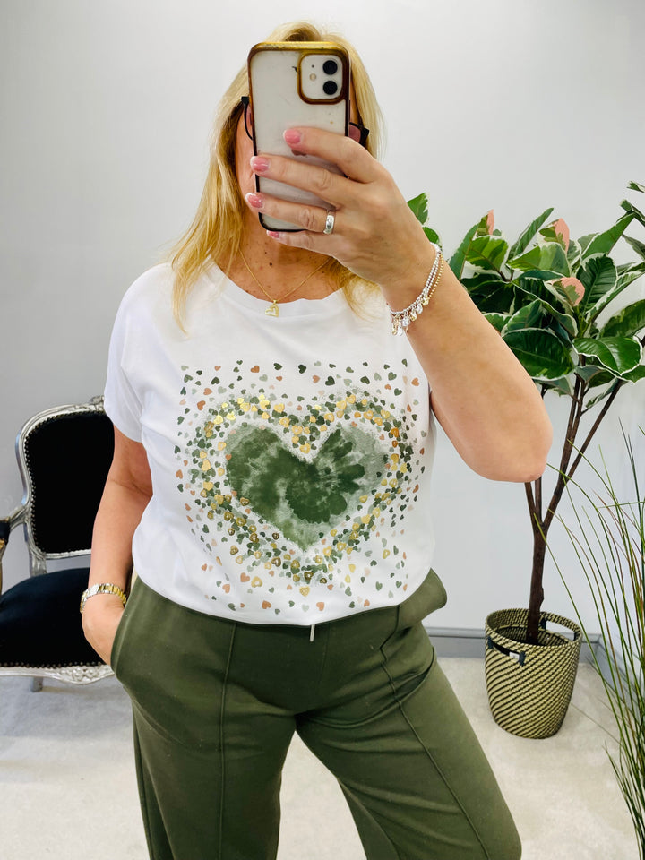 LADIES WOMENS WHITE & KHAKI HEART LOGO FASHION TEE T SHIRT