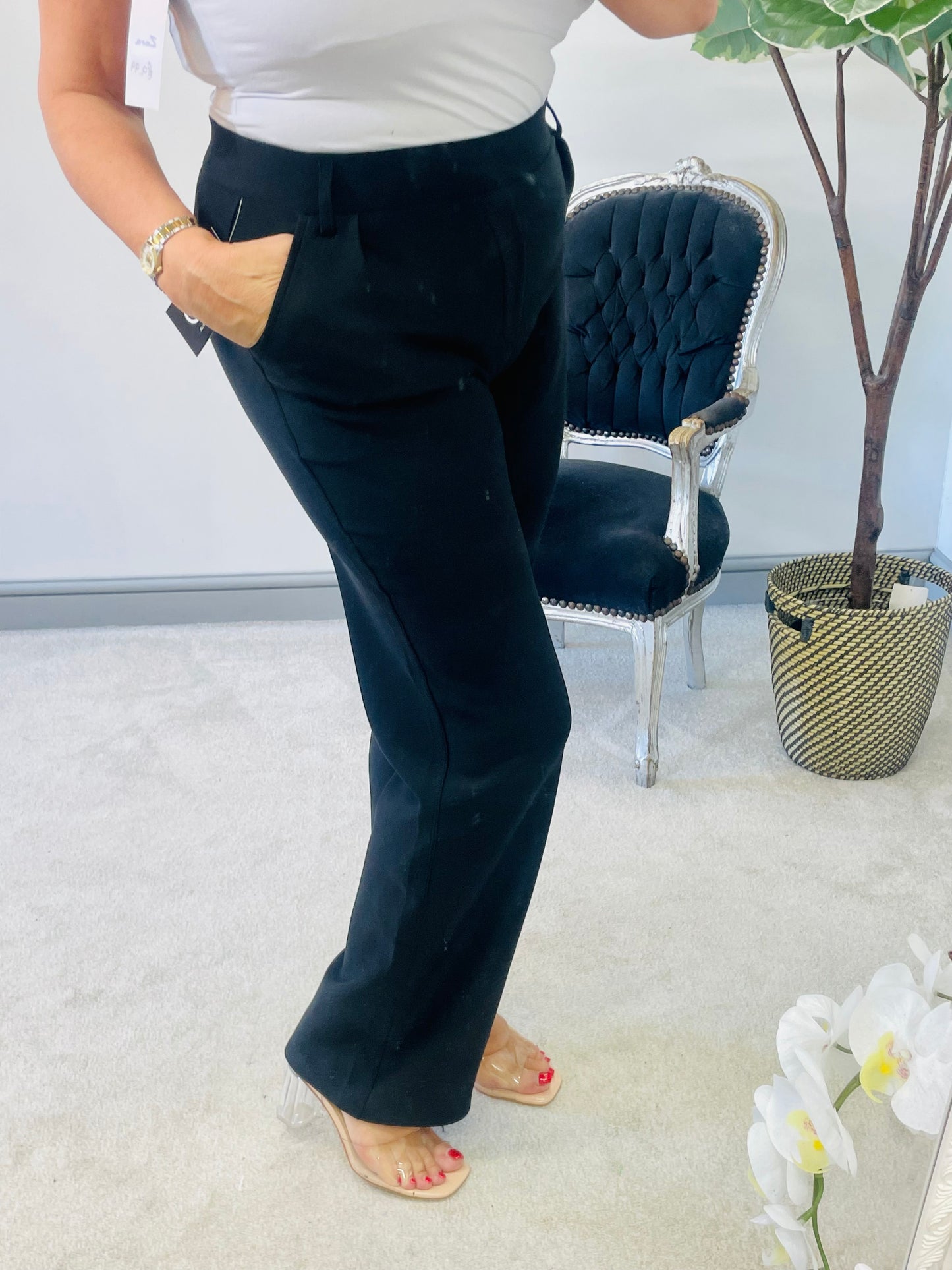 The HELEN black stretch wide leg trousers