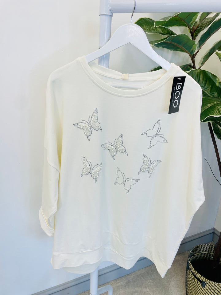 LADIES WOMENS WHITE PEARL & DIAMANTE BUTTERLY SWEATSHIRT TOP