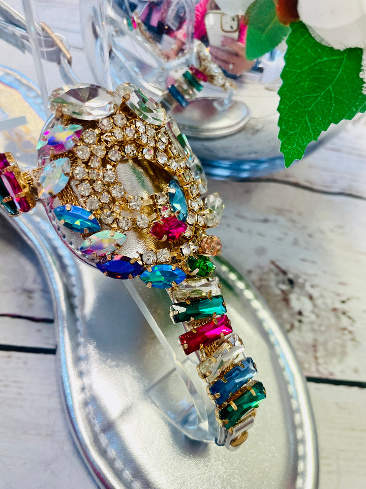 BEAUTIFUL JEWELLED SUMMER SANDALS ( G30 ) - gold and silver size 3 only